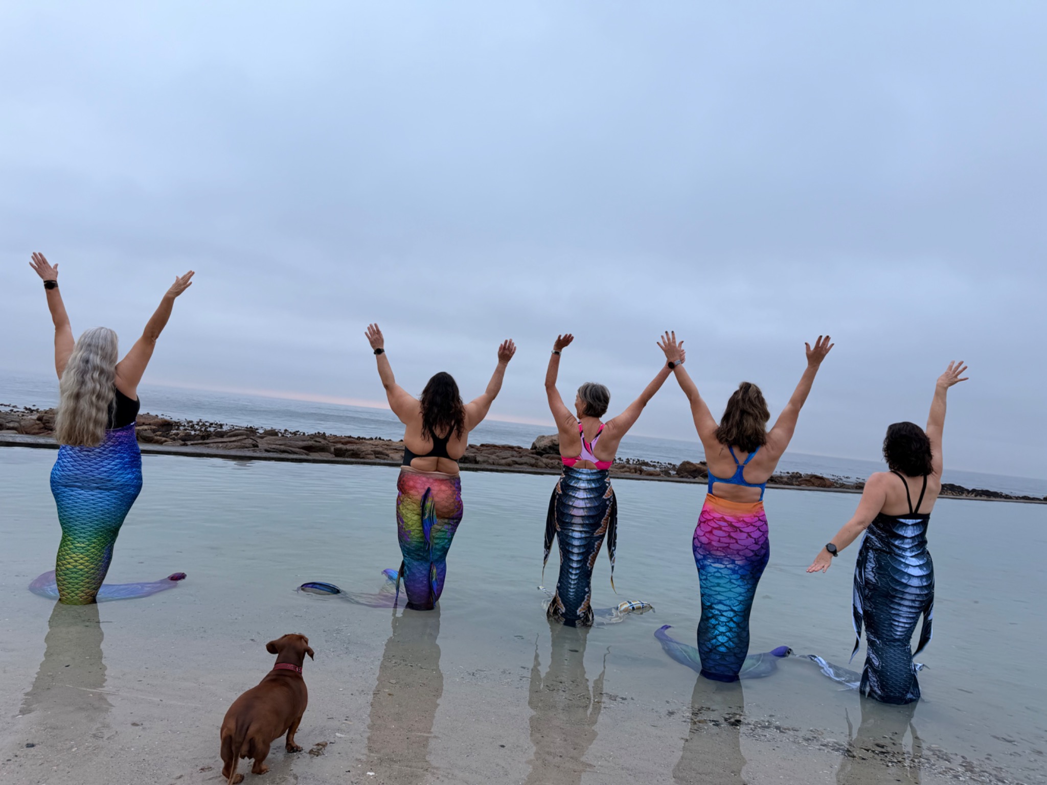 Five mermaids celebrating with arms raised facing the ocean